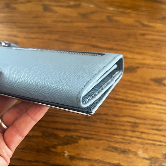 Prada Saffiano Leather Light Blue Metal Flap Bar Continental Wallet - Picture 13 of 13